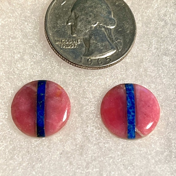 Vintage Pink Blue Earring w inlay lapis lazuli & pink jasper round gemstone bead - Picture 7 of 7
